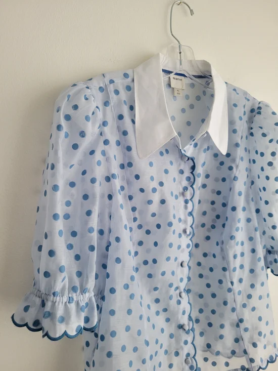 MAEVE by Anthropologie Blue Puff Shoulder Collared Polka Dot Sheer Blouse - Picture 6 of 10